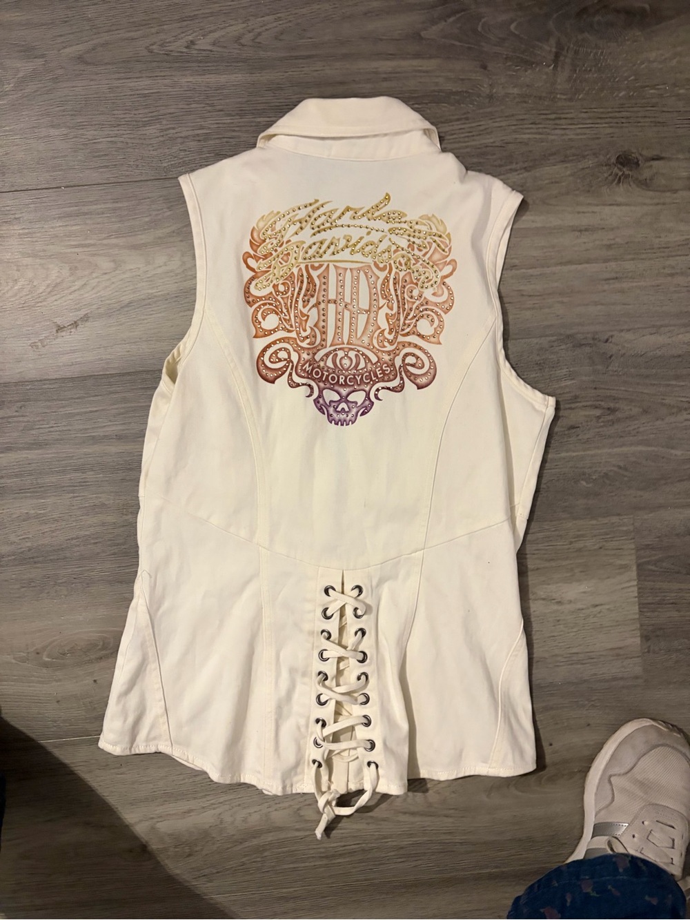 Harley-Davidson Cream Lace-Back Sleeveless Button Down Vest